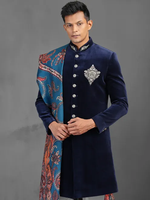 Navy velvet indowestern suit with dupatta