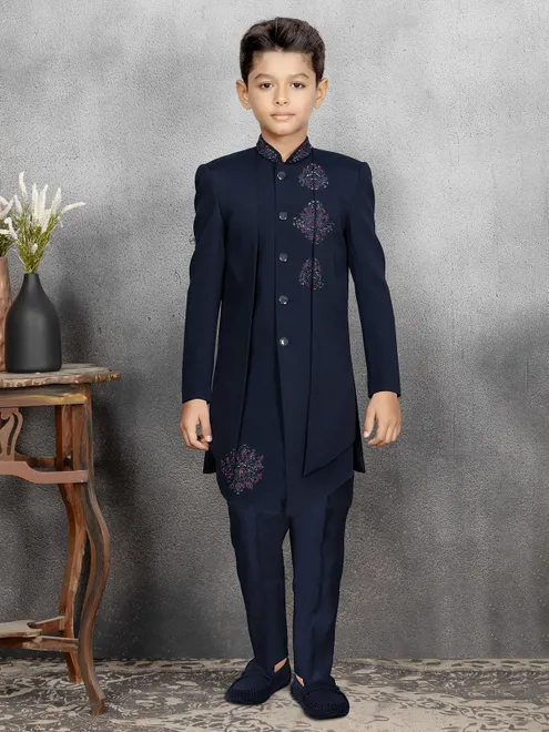 Navy wedding indowestern in terry rayon