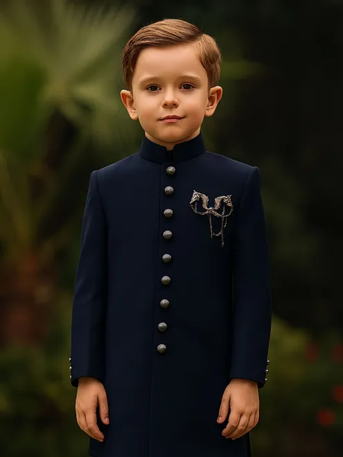 Navy wedding wear indowestern suit in terry rayon