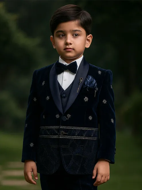 Navy wedding wear velvet coat suit with resham work