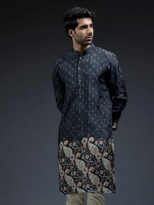 Navy zarookha printed kurta suit in silk