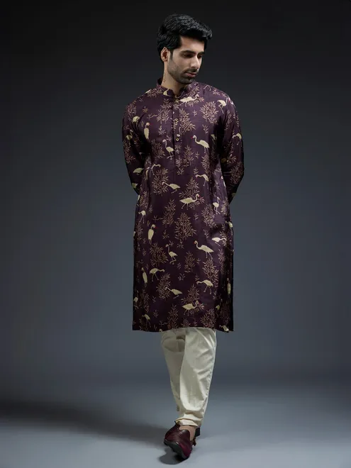 New wine silk kurta suit in floral bird print