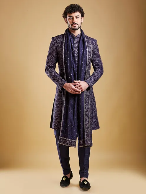 Newest groom style navy blue raw silk sherwani