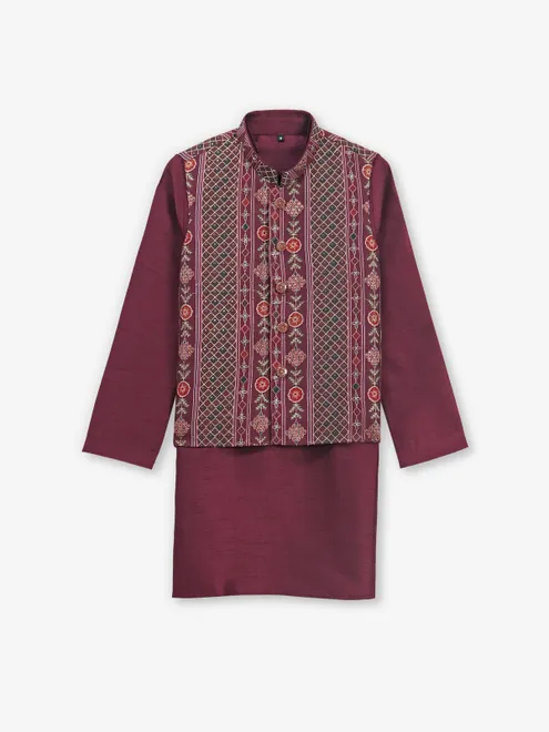 Newest maroon silk waistcoat set for wedding
