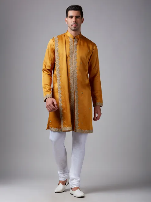 Newest mustard yellow silk men kurta pajama