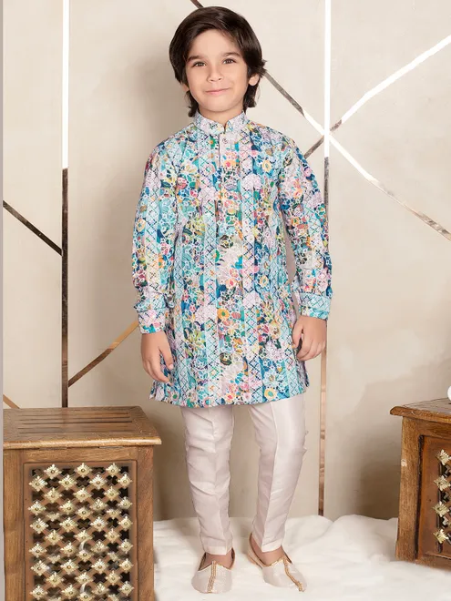 Newst blue printed kurta suit in cotton for boy