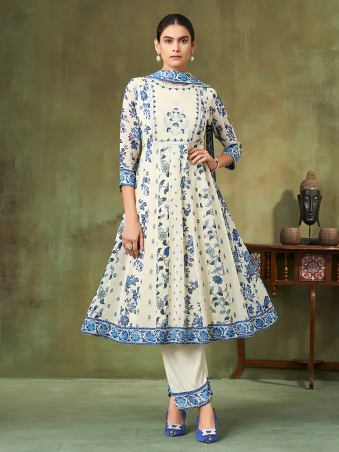 Off white and blue floral silk salwar suit with dupatta