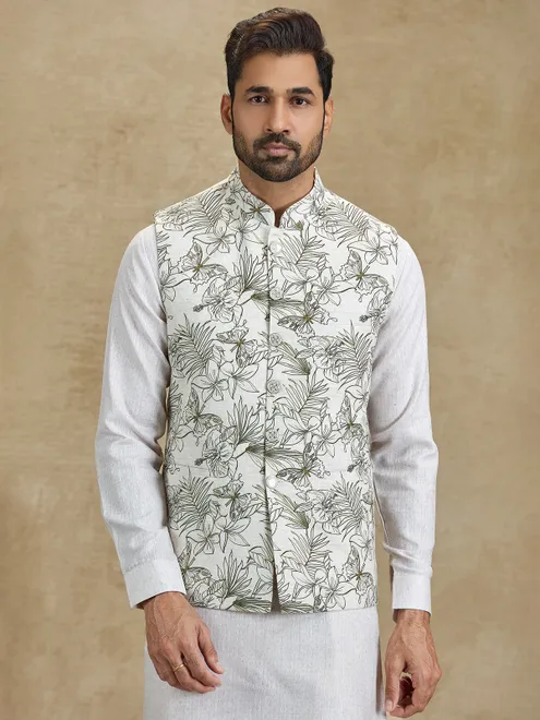 Off white and olive floral printed silk waistcoat set