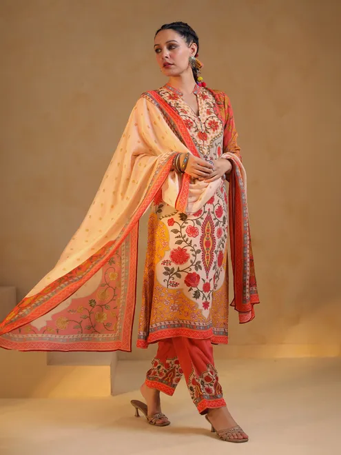 Off white and orange printed silk salwar suit