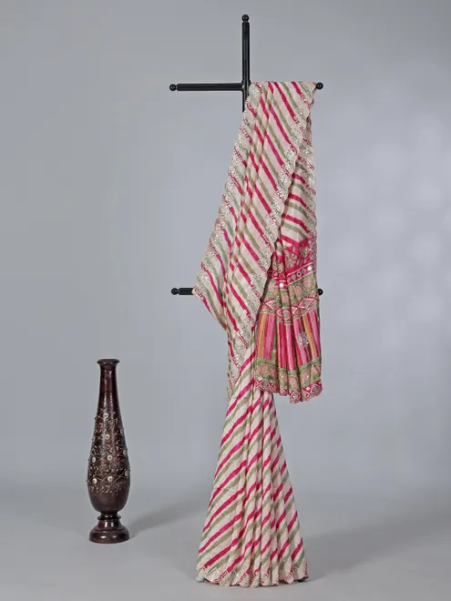 Off white and pink crepe silk saree