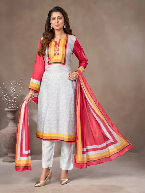 Off white and red silk salwar suit with sweetheart neck