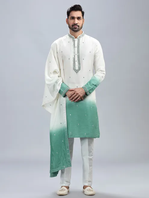 Off white and sea green ombre style kurta set with dupatta