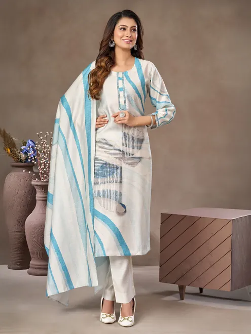 Off white and sky blue cotton silk printed salwar suit