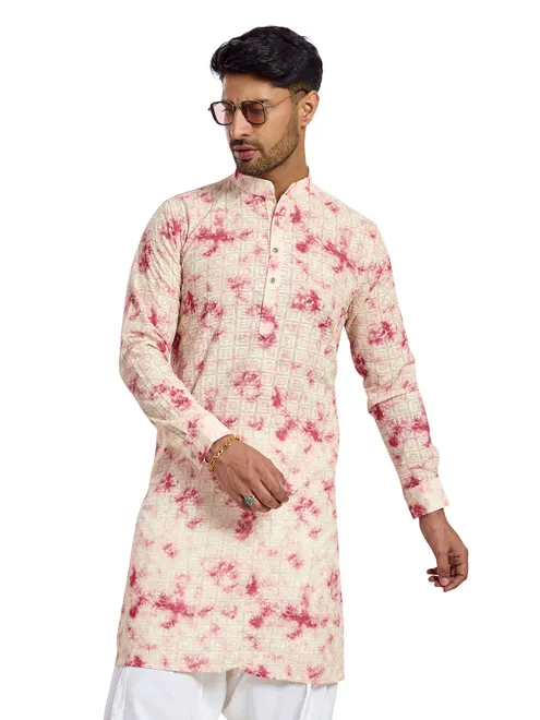 Off white and wine silk printed kurta with thread work