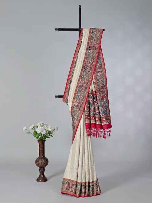 Off white art kanjivaram silk colorful motif saree