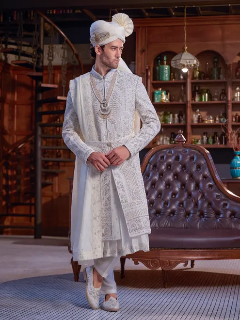 Off white art silk sherwani with belt
