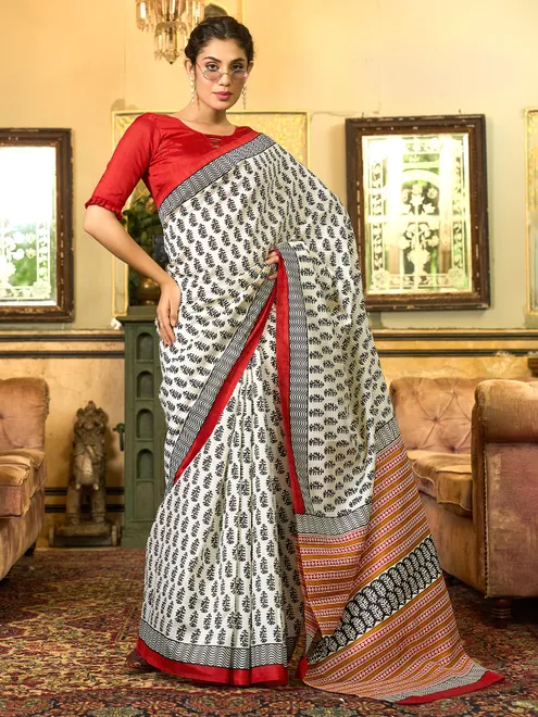 Off white bhagalpuri silk saree in printed
