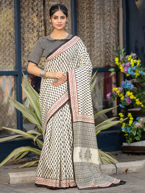 Off white bhagalpuri silk saree with attractive print