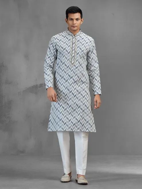 Off white chevron embroidered banarasi silk festive kurta pajama