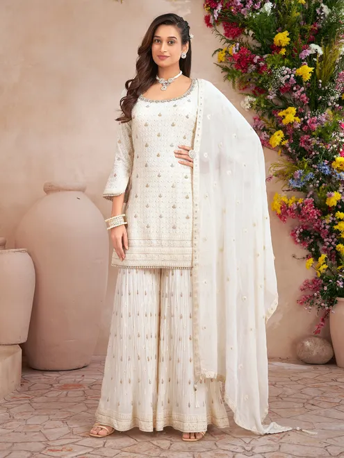 Off white chiffon georgette palazzo suit