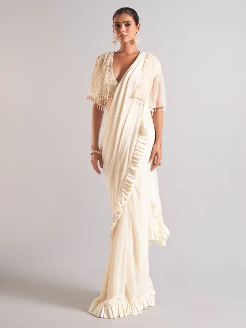Off-white chiffon saree for reception