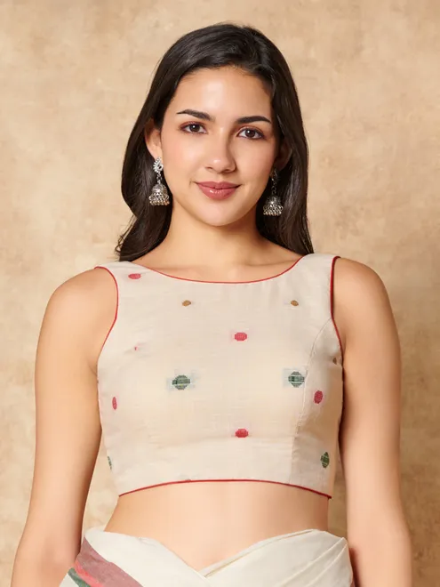 Off white cotton boat neck ready made blouse