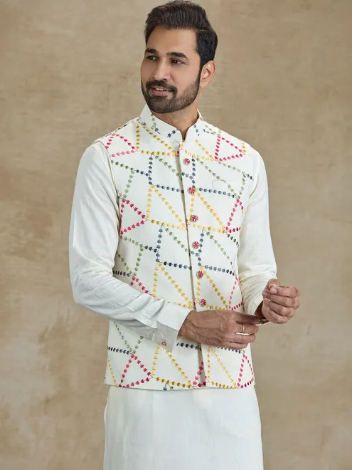 Off white cotton embroidered waistcoat set