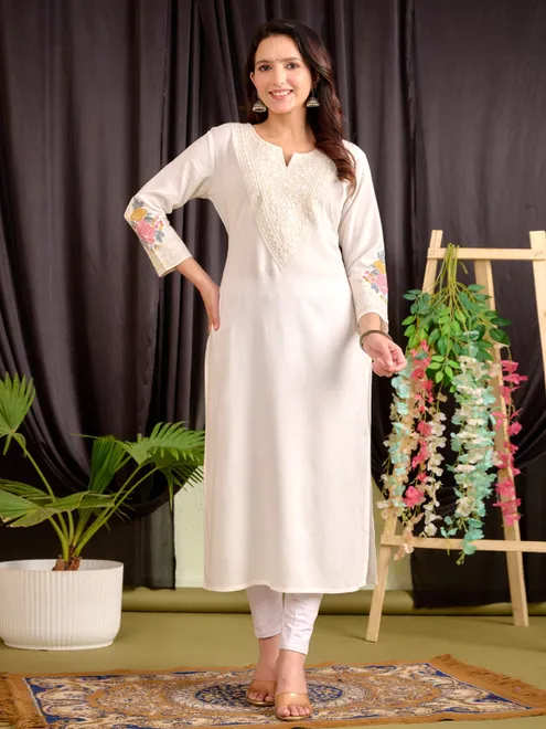 Off white cotton embroidery kurti