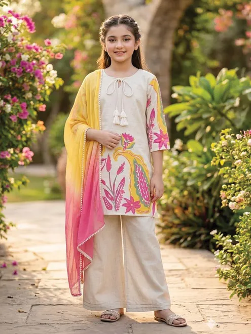 Off white cotton linen palazzo suit with prints