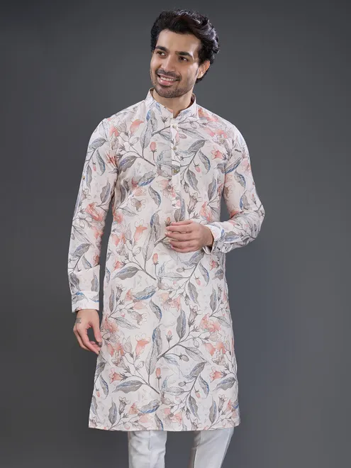 Off white cotton printed kurta suit