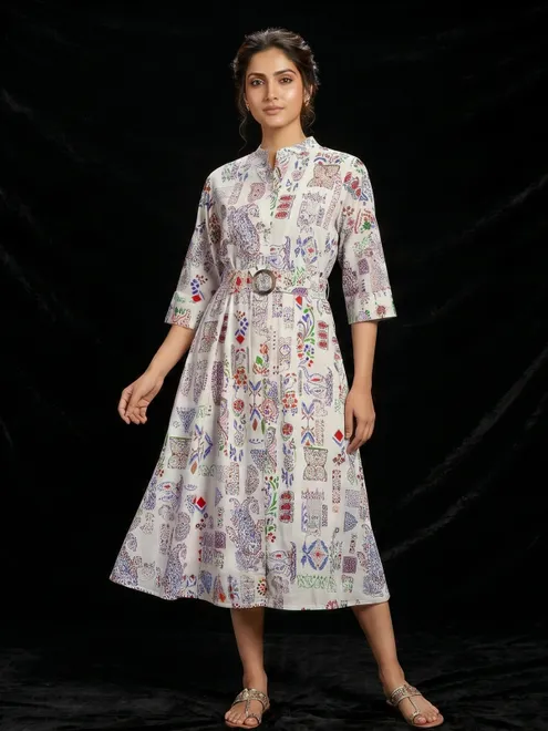Off white cotton printed kurti featuring stand collar
