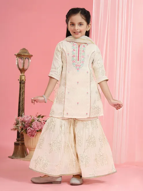 Off white cotton sharara designer suit with dupatta