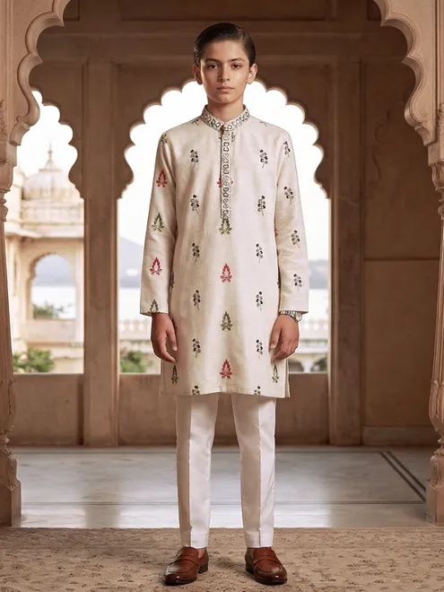 Off white cotton silk embroidered festive kurta suit