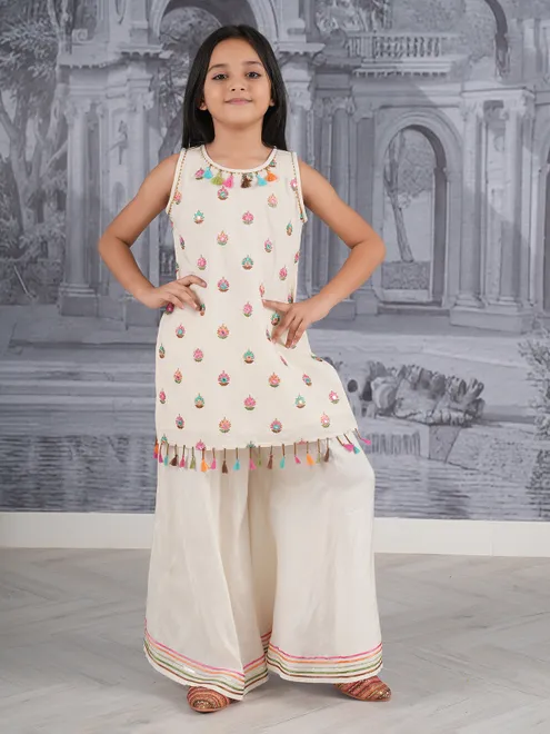 Off white cotton silk festive palazzo suit for girls