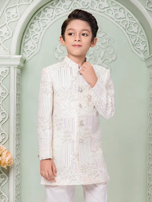 Off white cotton silk indo western set with cutdana work