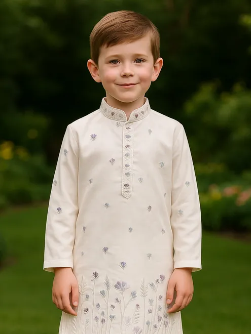 Off white cotton silk kurta suit with embroidery