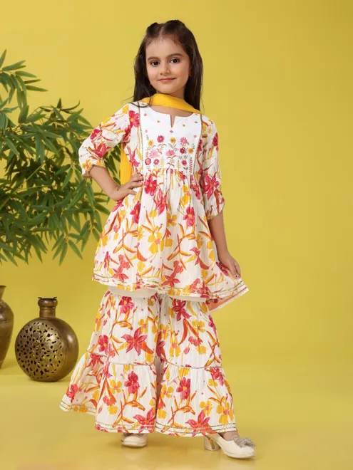 Off white cotton silk sharara designer suit with dupatta