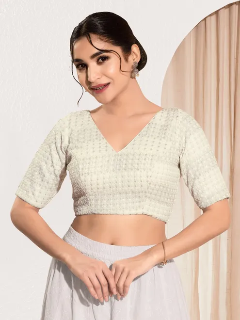 Off white crochet embroidered v neck festive blouse