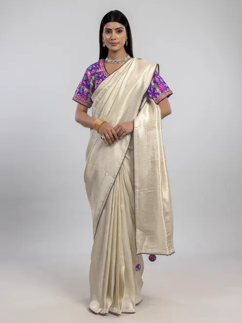 Off white dola silk festive saree with readymade blouse