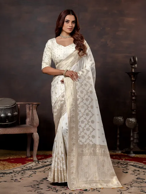 Off white dola silk festive wear saree