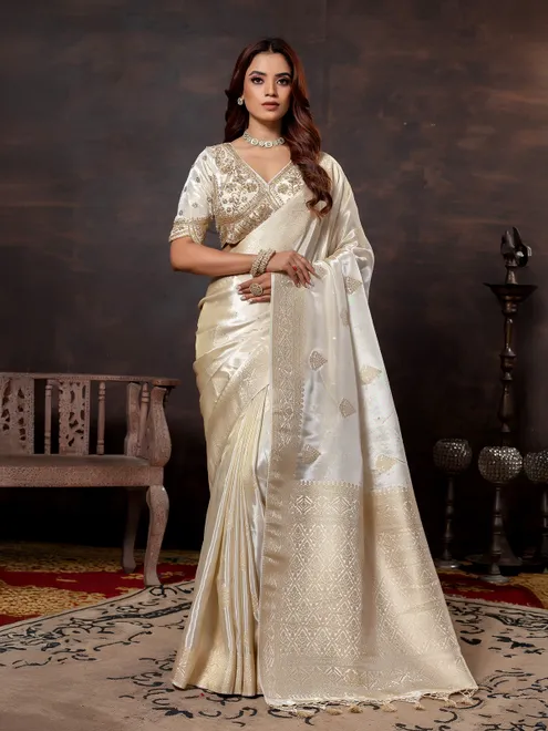 Off white dola silk saree for festival