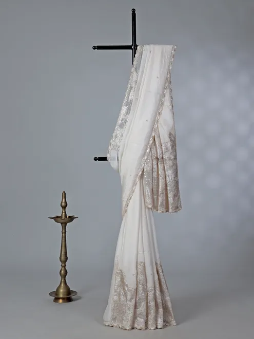 Off white dola silk saree with diamond work