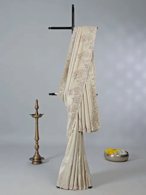 Off white dola silk saree with sequins work