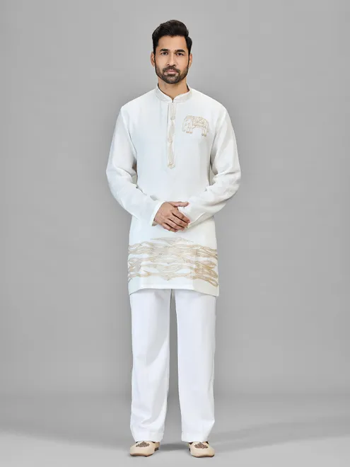 Off white elephant motif ethnic kurta suit for men