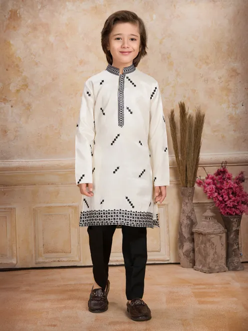 Off white embroidered cotton silk kurta suit