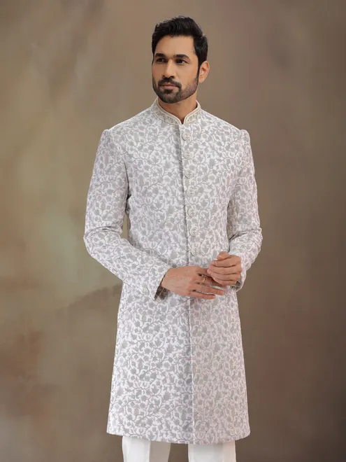 Off white embroidered indowestern in soft velvet