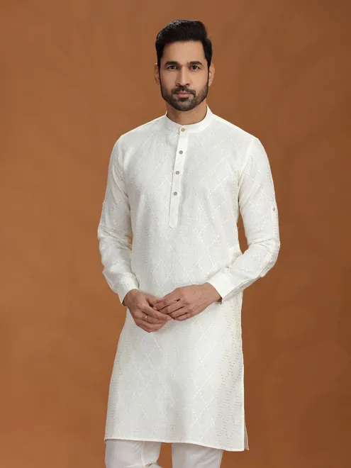 Off-white embroidered linen kurta set for festive