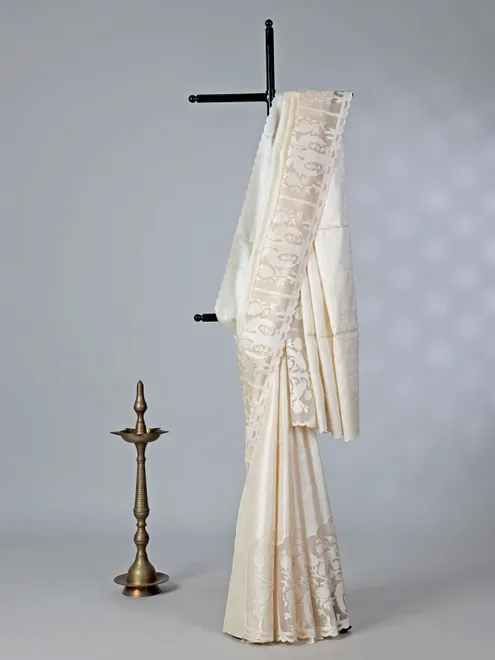 Off white embroidered tusser silk saree for reception