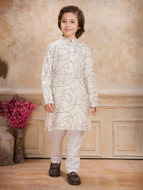 Off white festive wear cotton kurta suit for boys