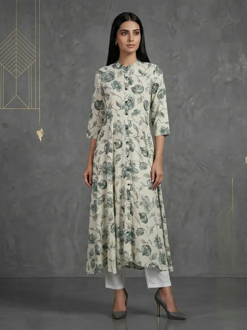 Off-white floral printed cotton silk a line kurti